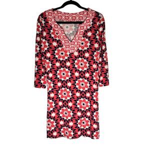 Boden Shift Dress Women's Size 10 Navy Coral Ivory Retro Jersey Popover